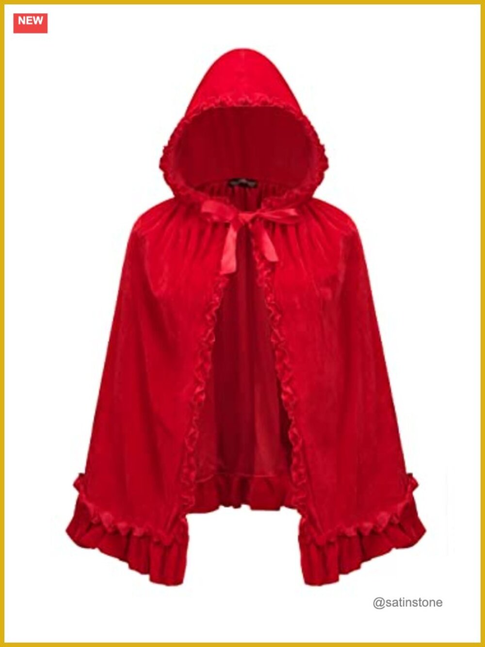 Velvet Hooded Cape Ruffled Trim Adjustable Tie Cosplay Costume